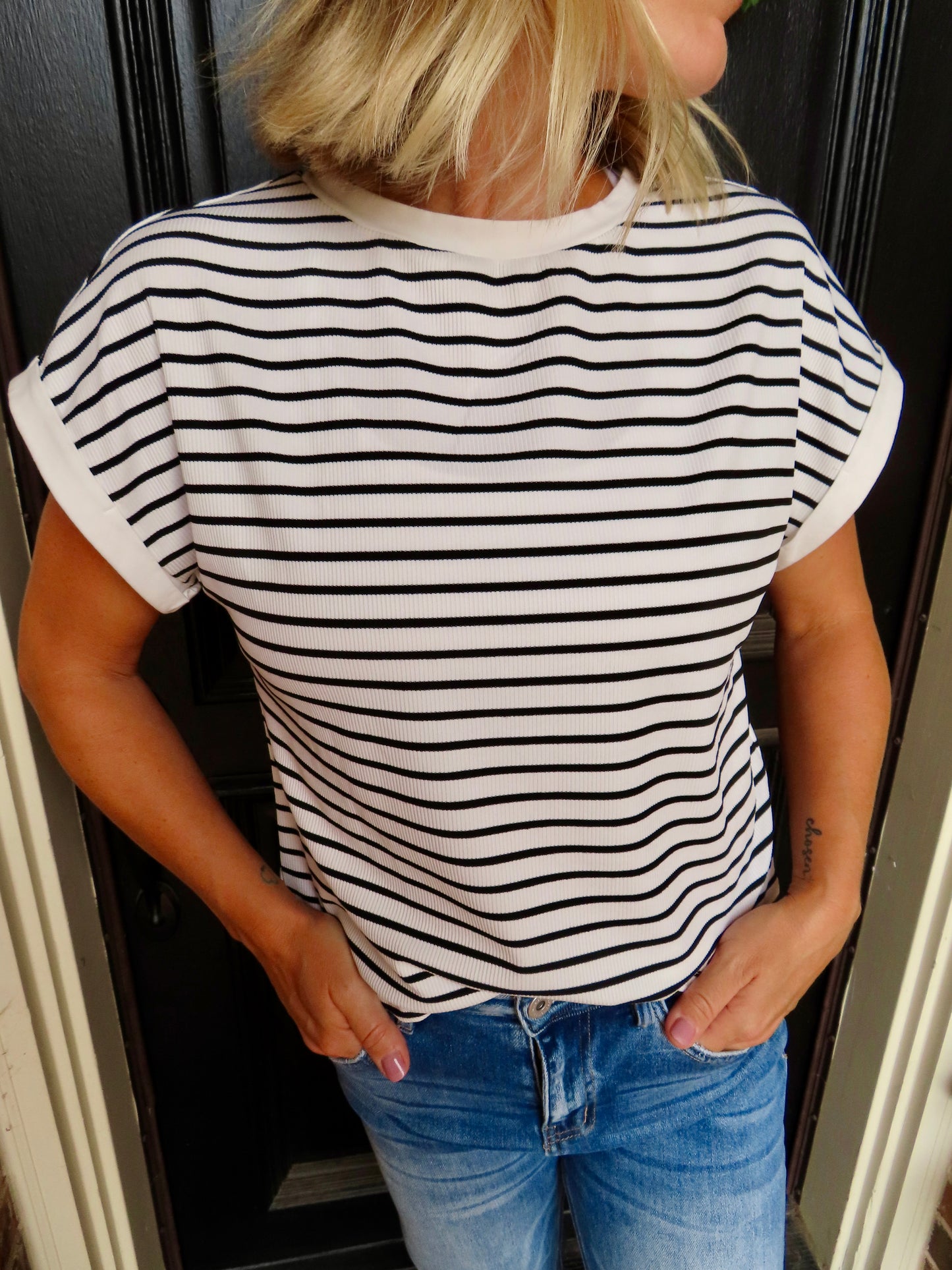 White Stripe Shorts Set