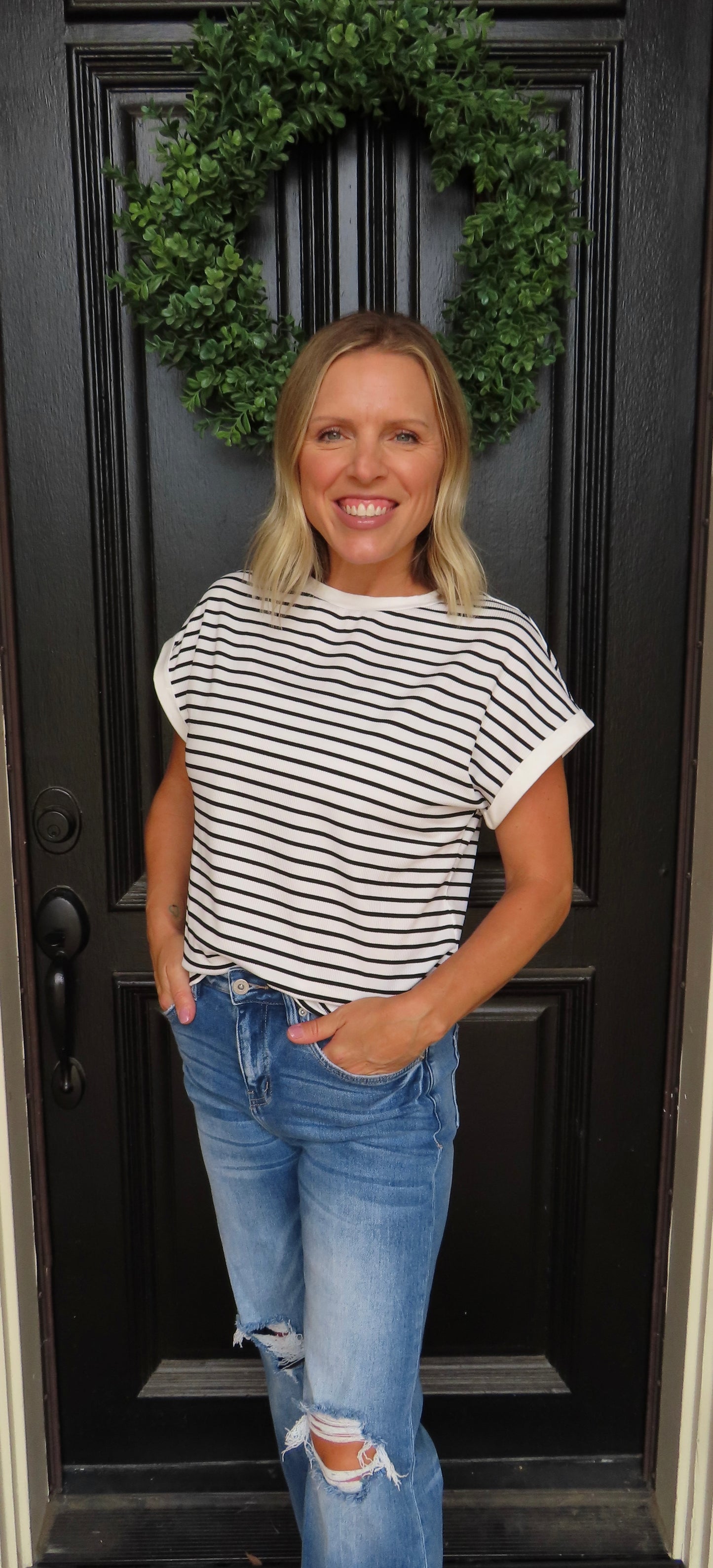 White Stripe Shorts Set