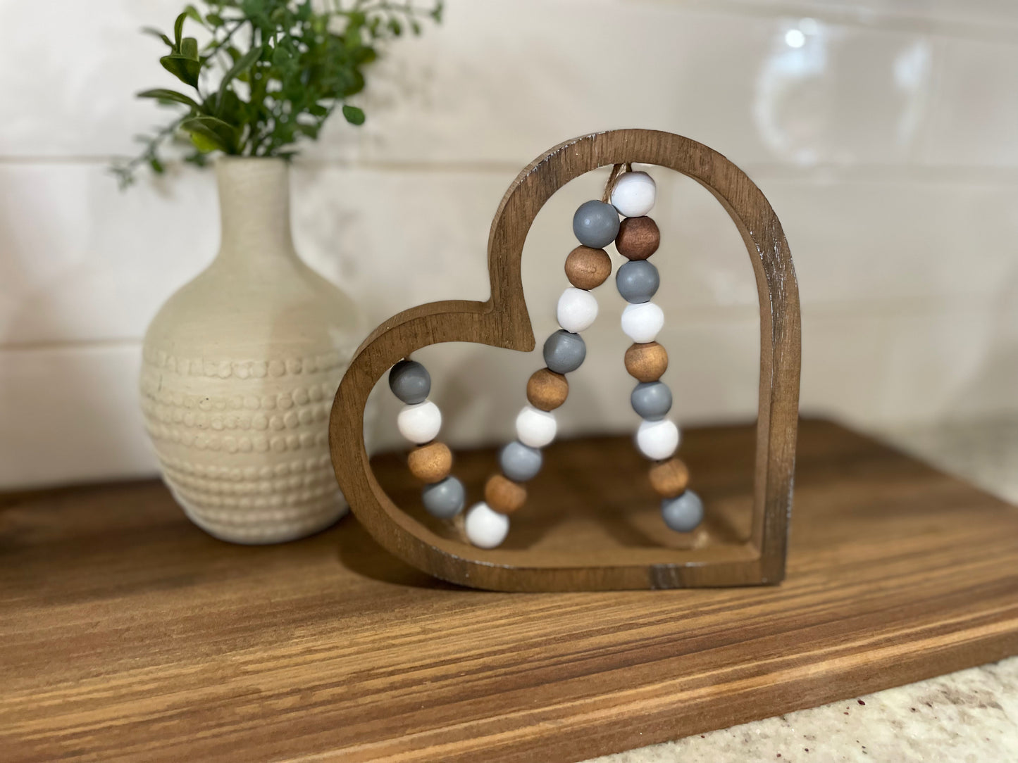 Beaded Heart Wood Decor