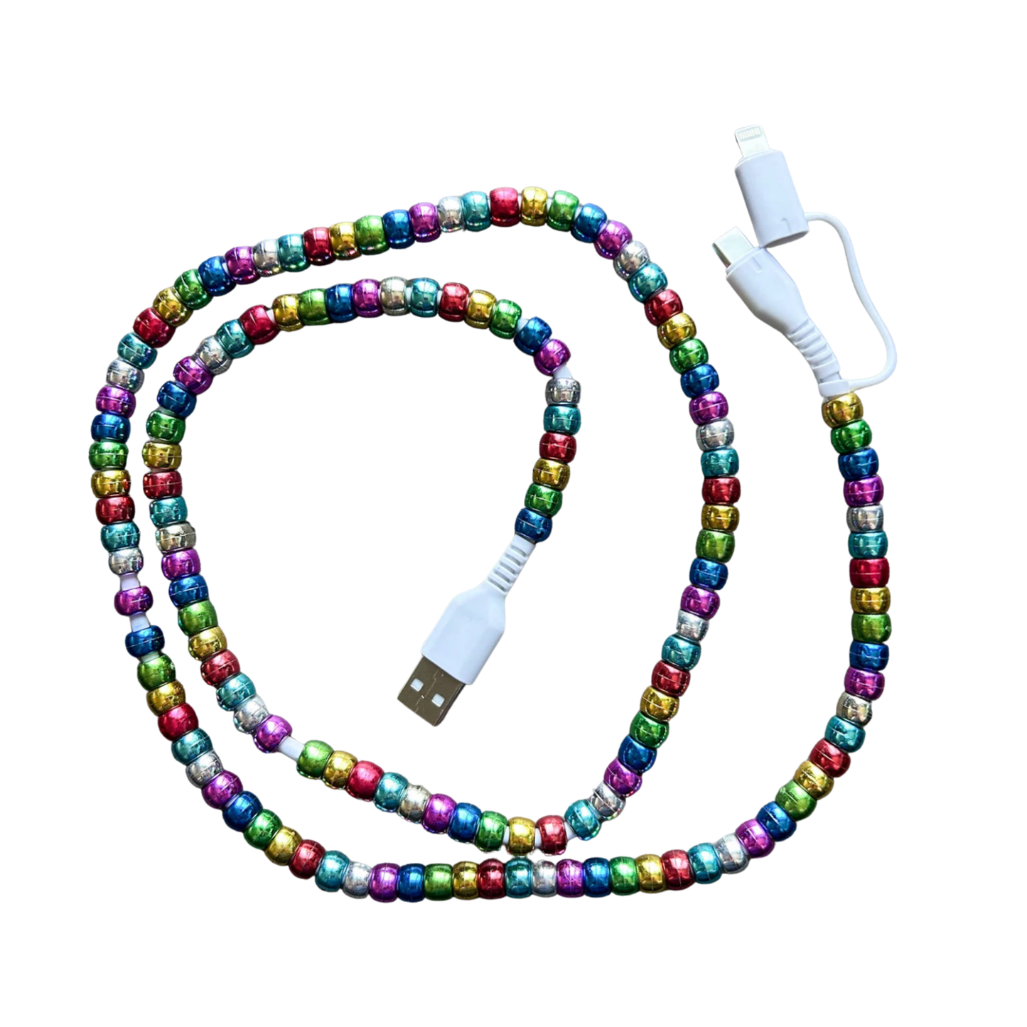 Rainbow Beaded Phone Charger with Lightning & USB-C Cable